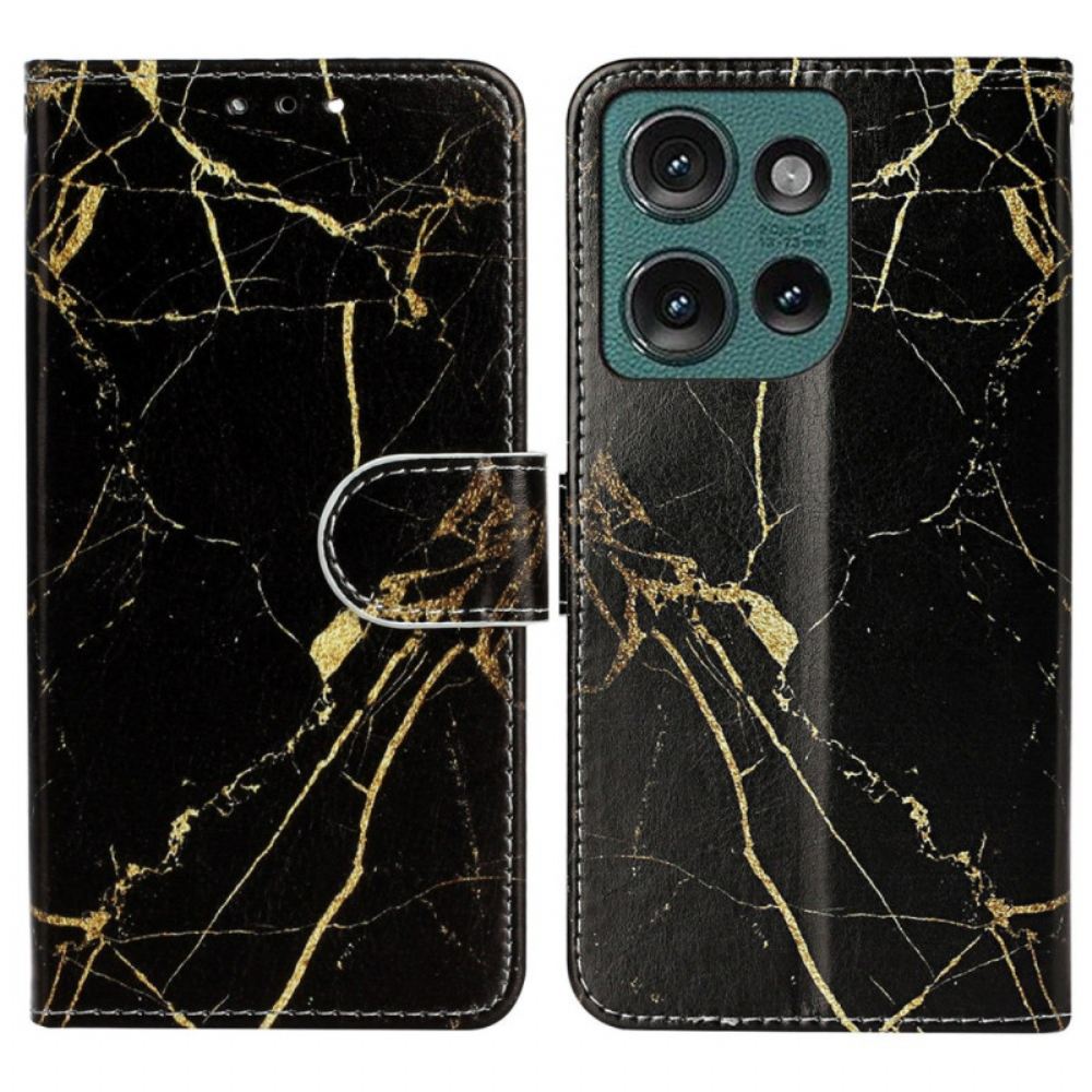 Kožený Kryt Na Motorola Edge 50 Zlatý A Černý Mramor