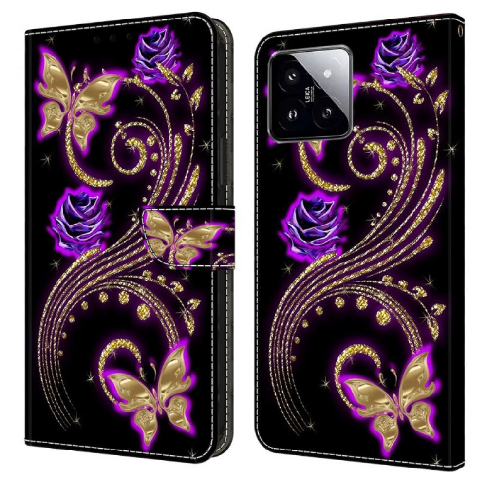 Kožený Kryt Na Xiaomi 14 Fialové Květiny A Motýli