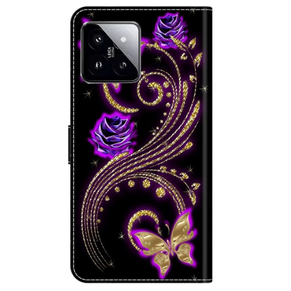 Kožený Kryt Na Xiaomi 14 Fialové Květiny A Motýli