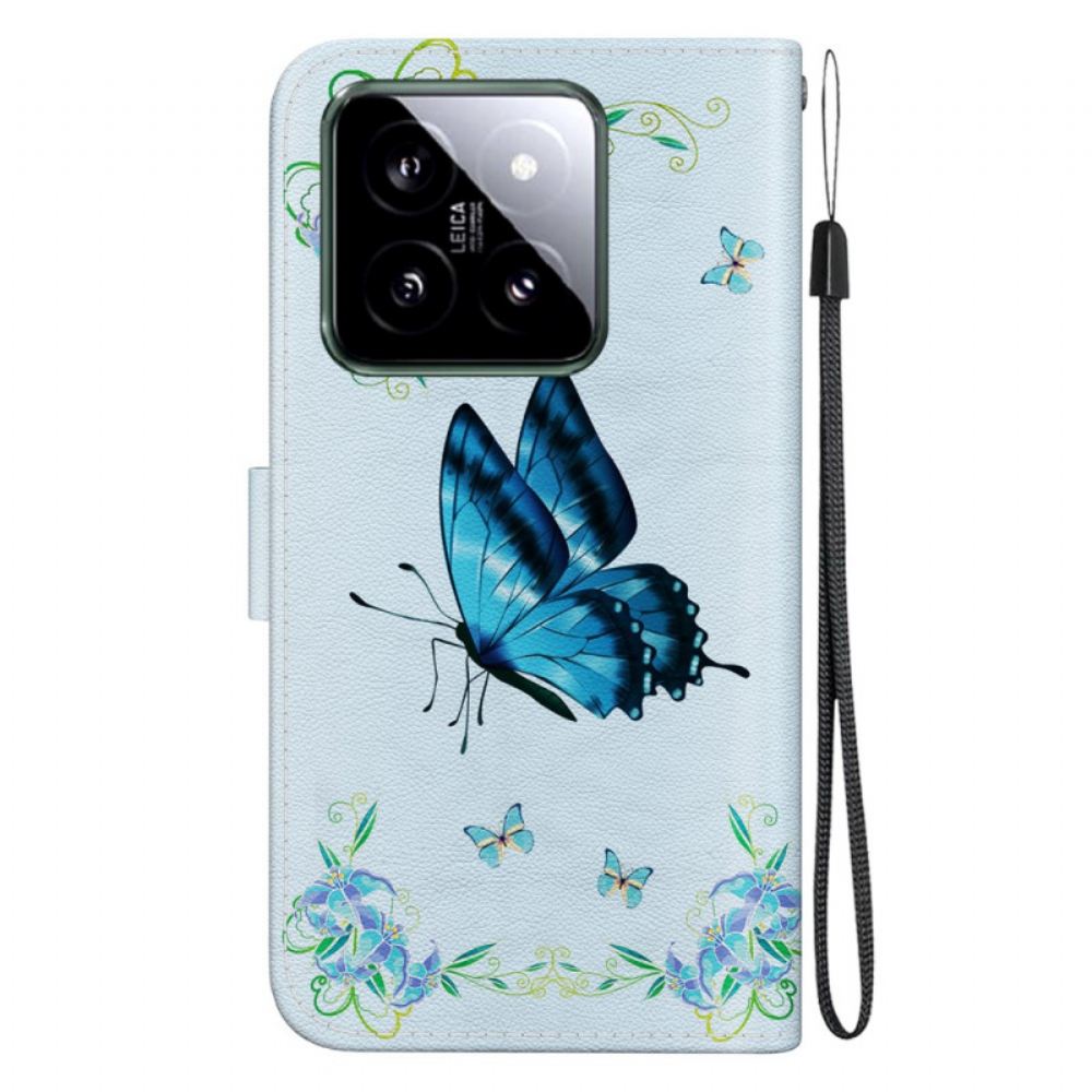 Kožený Kryt Na Xiaomi 14 Modrý Motýl A Květiny