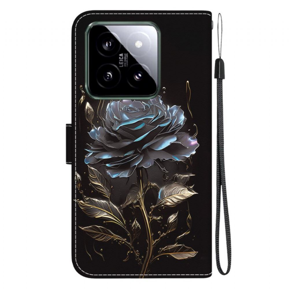 Kožený Kryt Na Xiaomi 14 Černá Růže S Popruhem