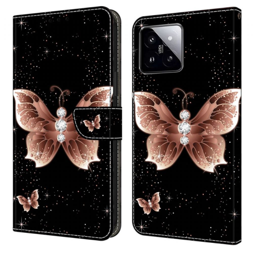 Kožený Kryt Xiaomi 14 Růžový Diamantový Motýl