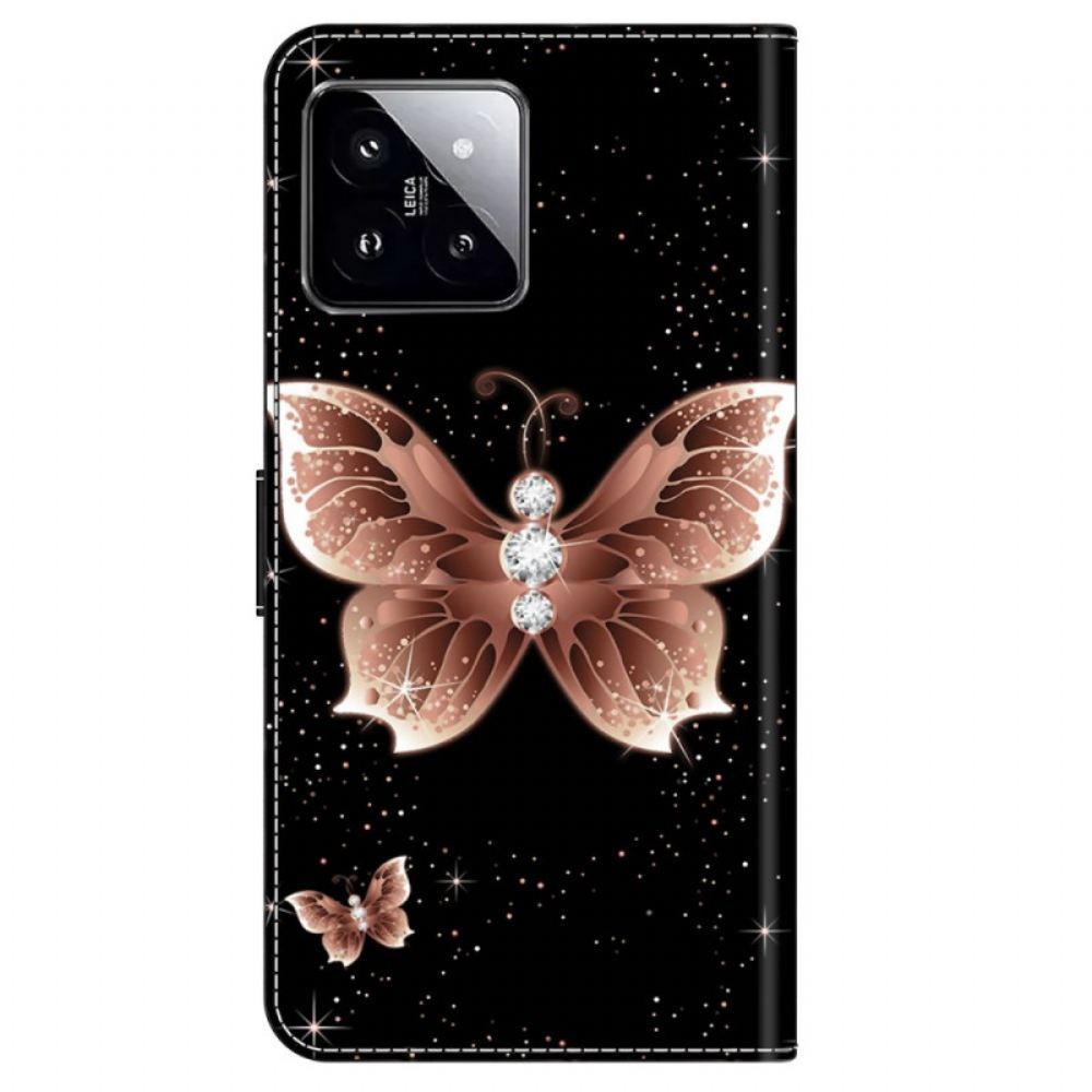 Kožený Kryt Xiaomi 14 Růžový Diamantový Motýl