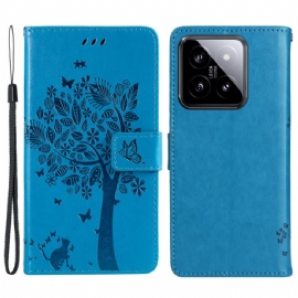 Kožený Kryt Xiaomi 14 Strom Kočky A Lanka