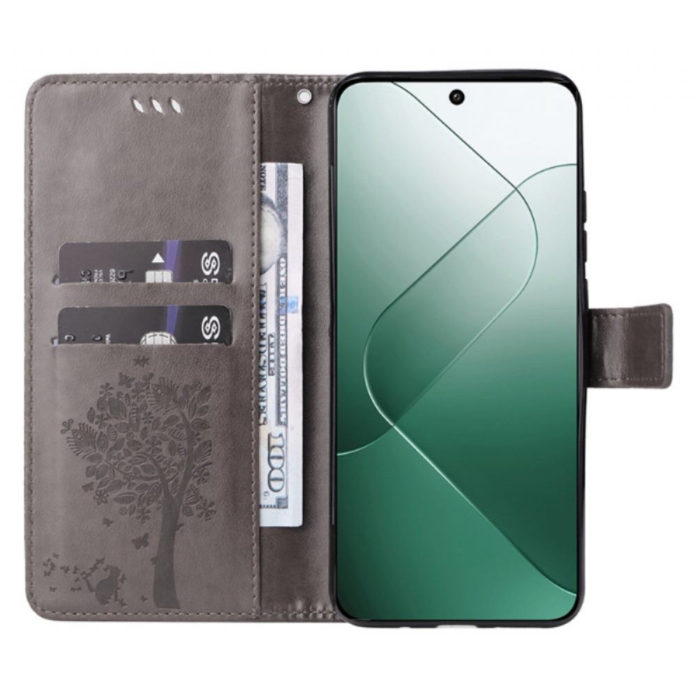 Kožený Kryt Xiaomi 14 Strom Kočky A Lanka