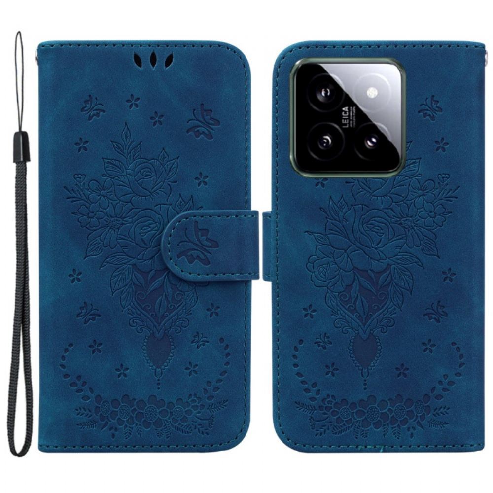 Kožený Kryt Xiaomi 14 Vzor Růže A Motýlů