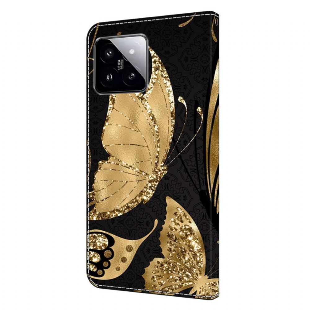 Kožený Kryt Xiaomi 14 Zlatý Motýl