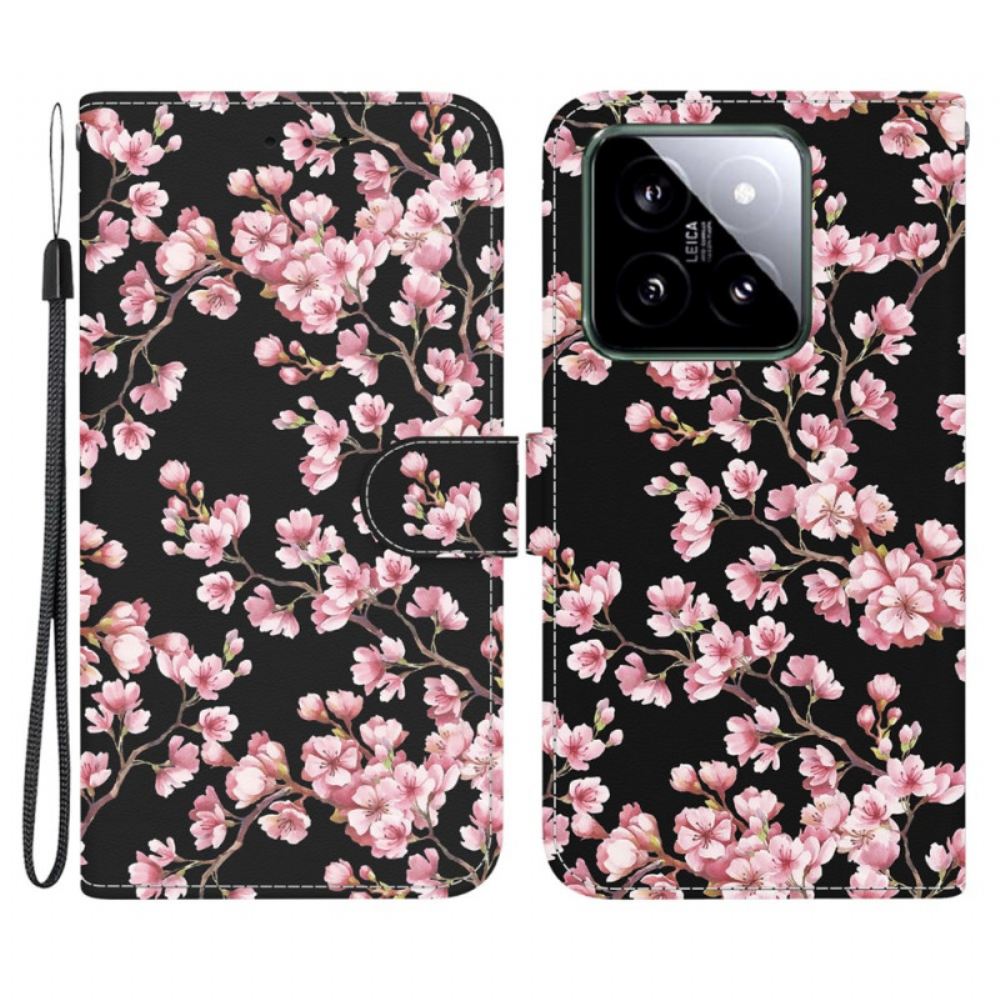 Kožený Kryt Xiaomi 14 Švestkové Květy S Řemínky