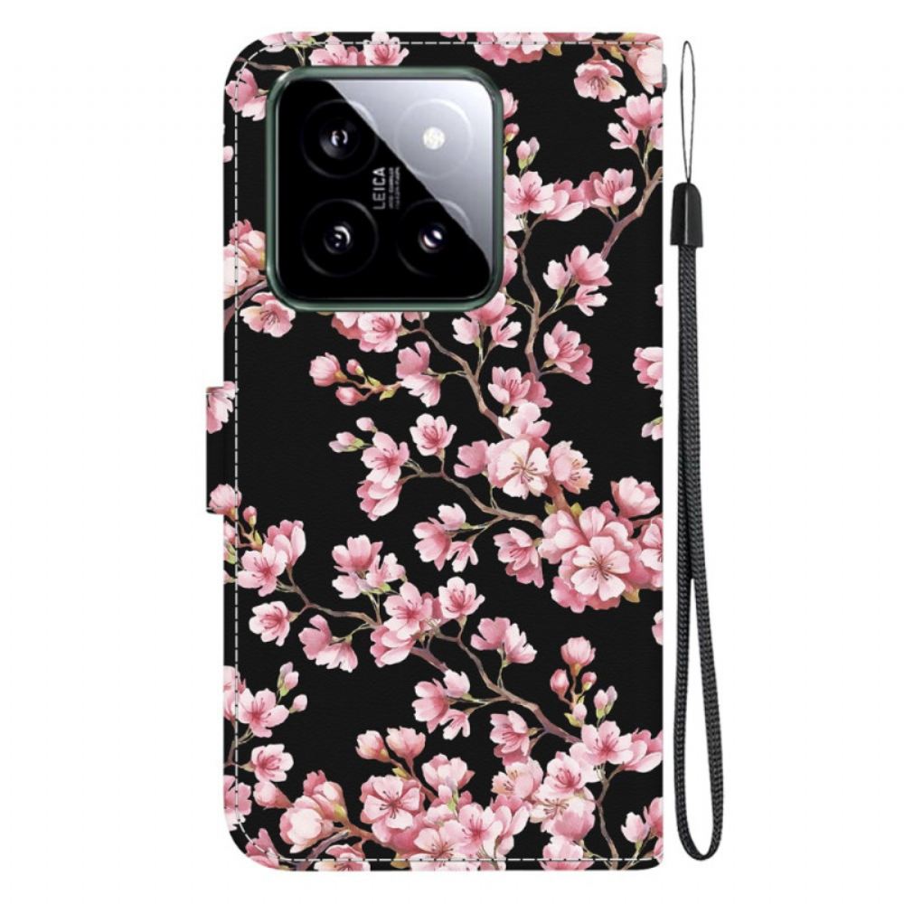 Kožený Kryt Xiaomi 14 Švestkové Květy S Řemínky
