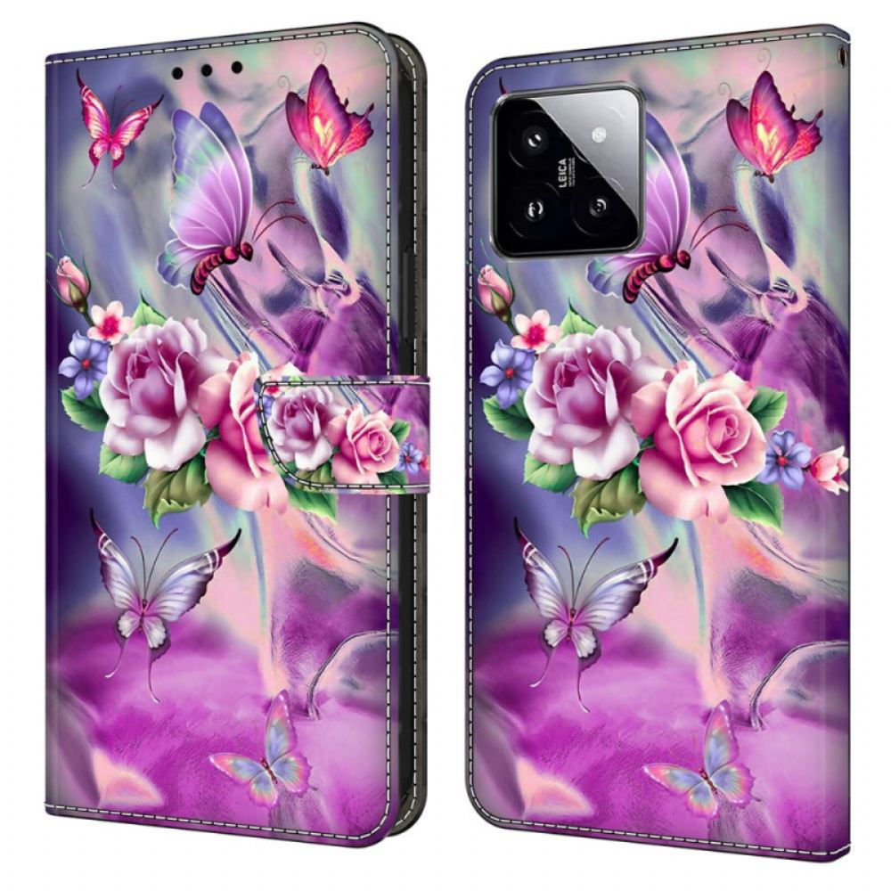 Peněženková Pouzdra Xiaomi 14 Fialoví Motýli A Květiny