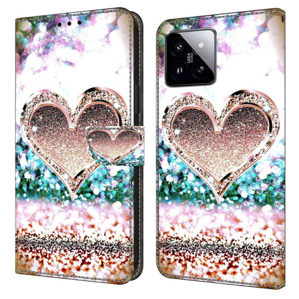 Peněženková Pouzdra Xiaomi 14 Kryty Na Mobil Růžové Diamantové Srdce