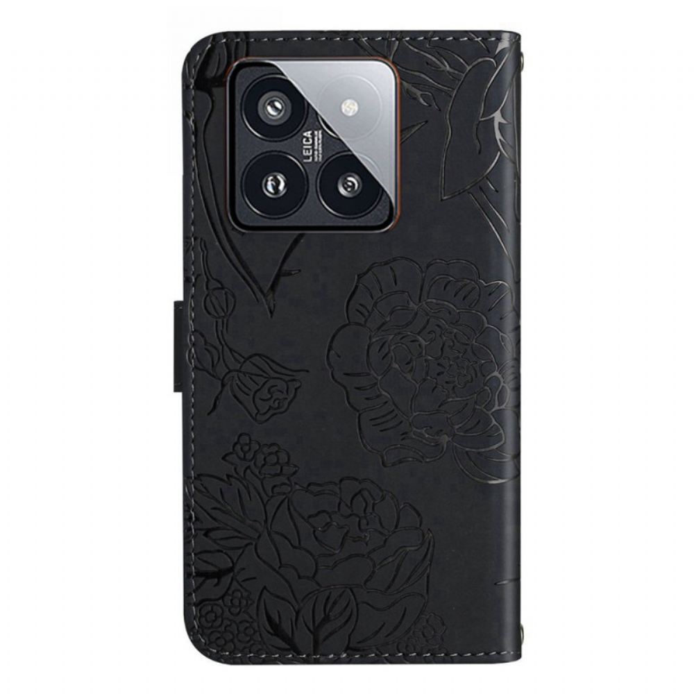 Peněženková Pouzdra Xiaomi 14 Potisk Motýlů S Páskem