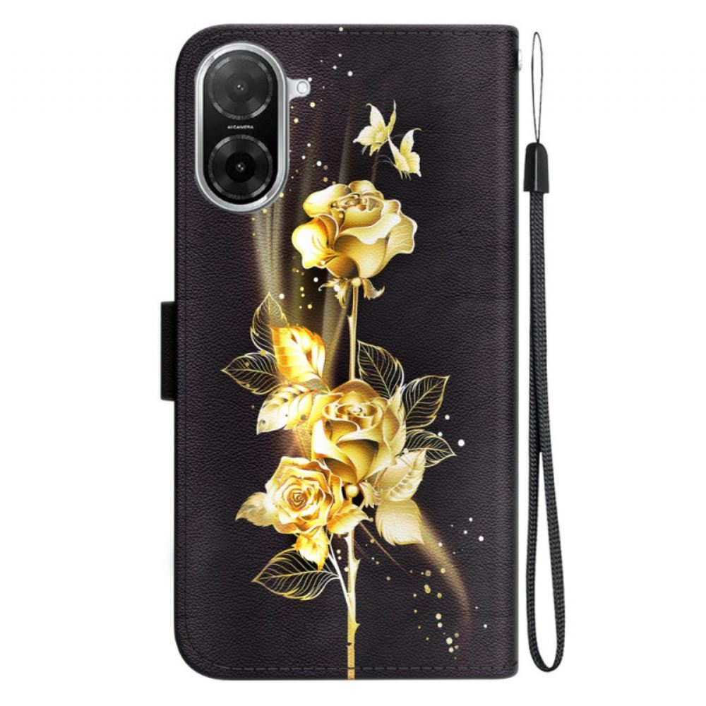 Kožený Kryt Na Poco C71 Zlatý Motýl A Růže