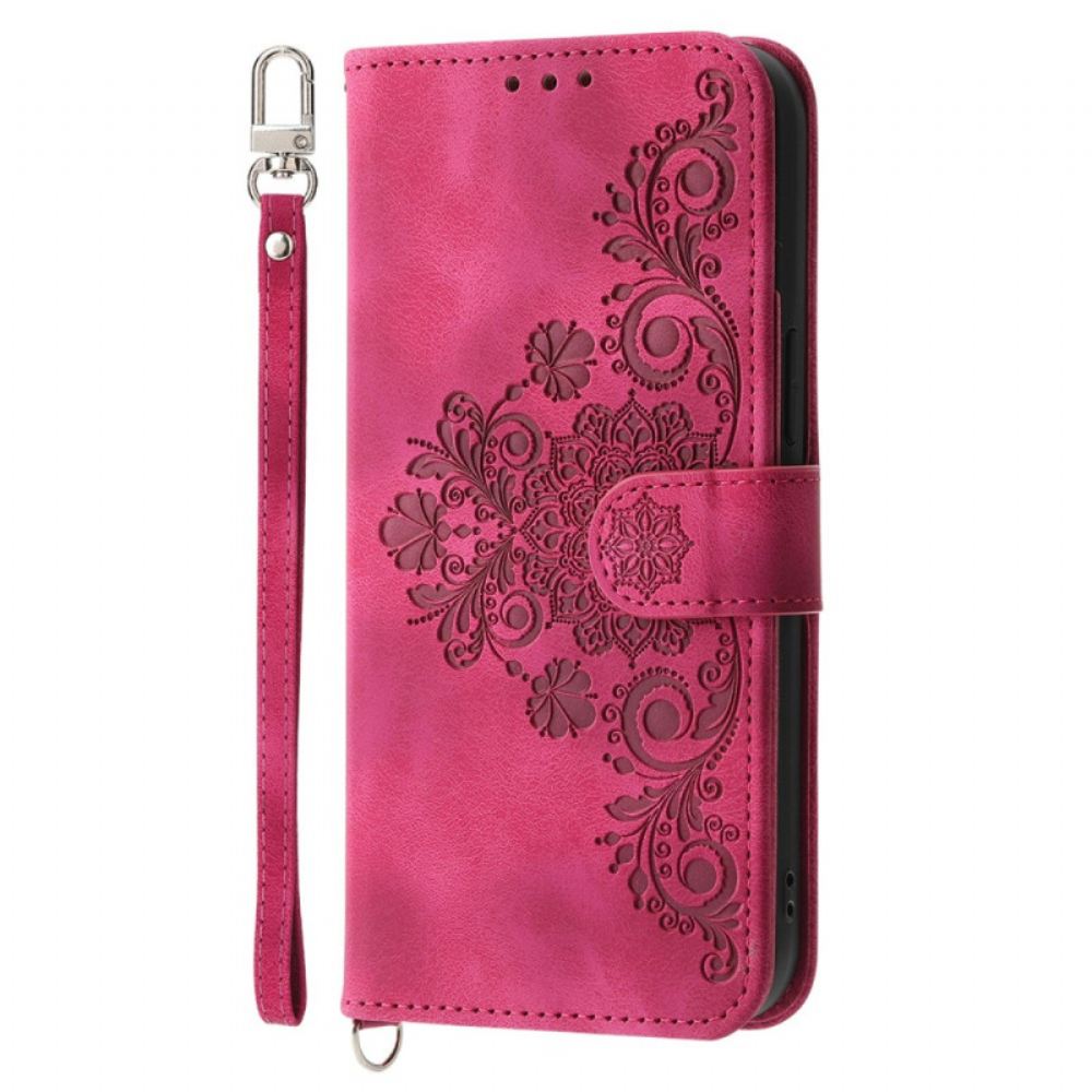 Kožený Kryt Poco C71 Květinová Krajka Se Šňůrkou A Ramenním Popruhem