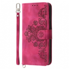 Kožený Kryt Poco C71 Květinová Krajka Se Šňůrkou A Ramenním Popruhem