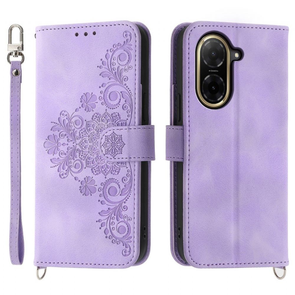 Kožený Kryt Poco C71 Květinová Krajka Se Šňůrkou A Ramenním Popruhem