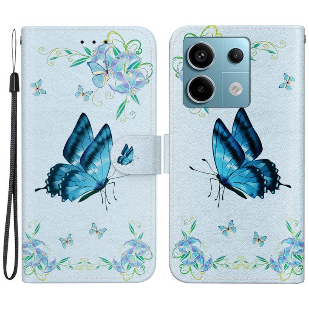 Kožený Kryt Xiaomi Redmi Note 13 Pro 5g Modrí Motýli A Květiny S Popruhem