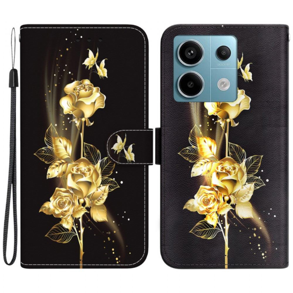 Kožený Kryt Xiaomi Redmi Note 13 Pro 5g Zlatí A Růžoví Motýli