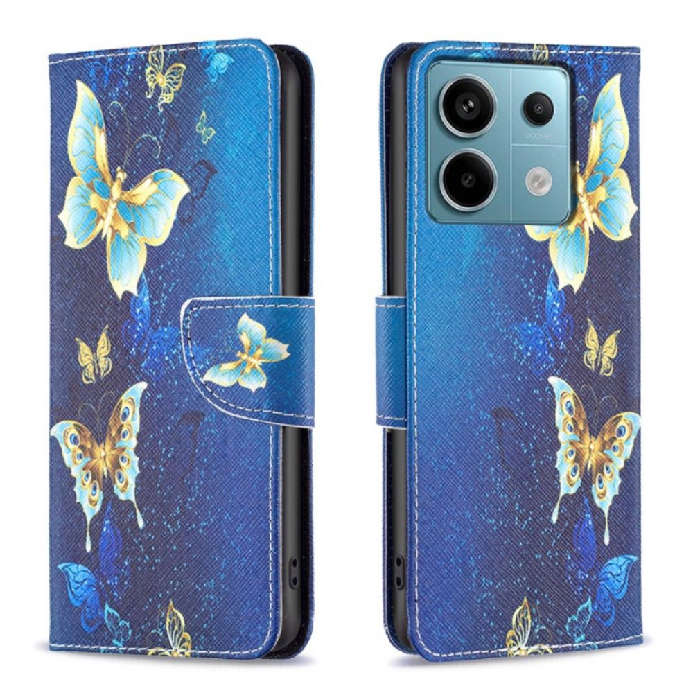 Kožený Kryt Xiaomi Redmi Note 13 Pro 5g Zlatí Motýli Na Modrém Pozadí