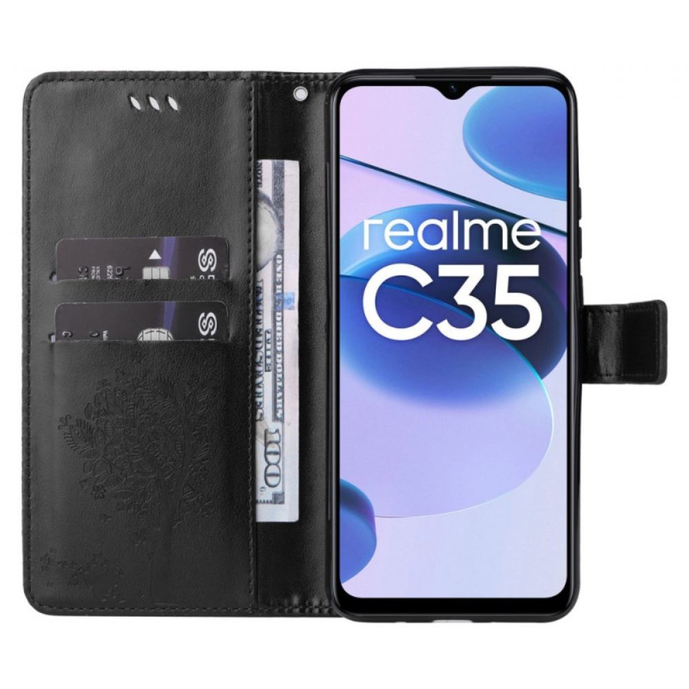 Flipové Pouzdro Na Realme C35 Na Lana Motýlí Kočičí Strom S Popruhem
