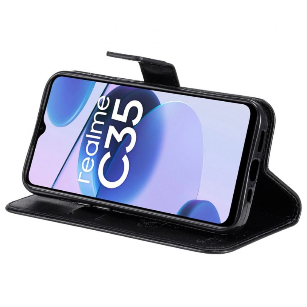Flipové Pouzdro Na Realme C35 Na Lana Motýlí Kočičí Strom S Popruhem