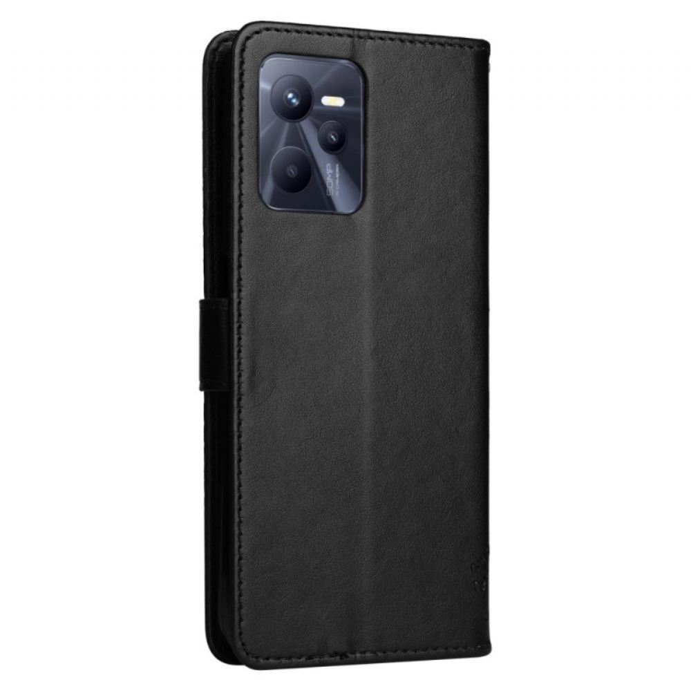 Flipové Pouzdro Na Realme C35 Na Lana Motýlí Kočičí Strom S Popruhem