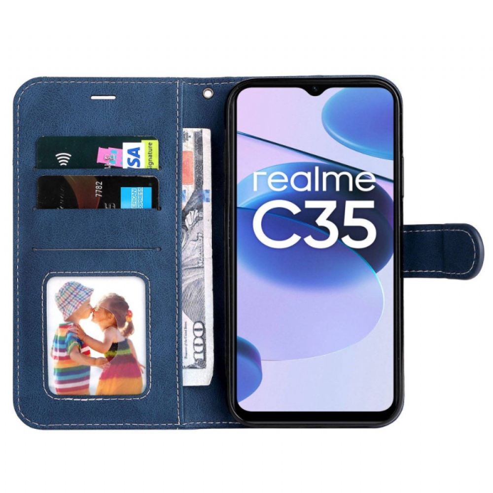 Flipové Pouzdro Na Realme C35 Na Lana Tříbarevný Kožený Řemínek
