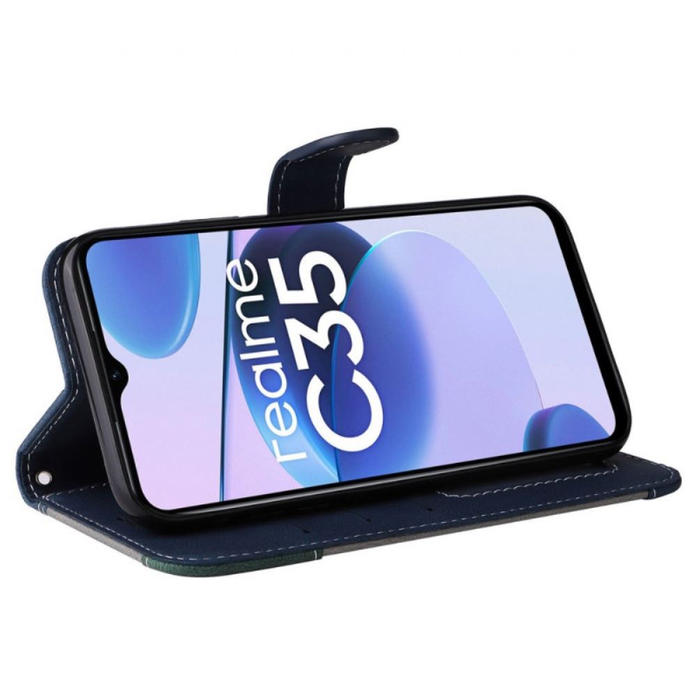 Flipové Pouzdro Na Realme C35 Na Lana Tříbarevný Kožený Řemínek