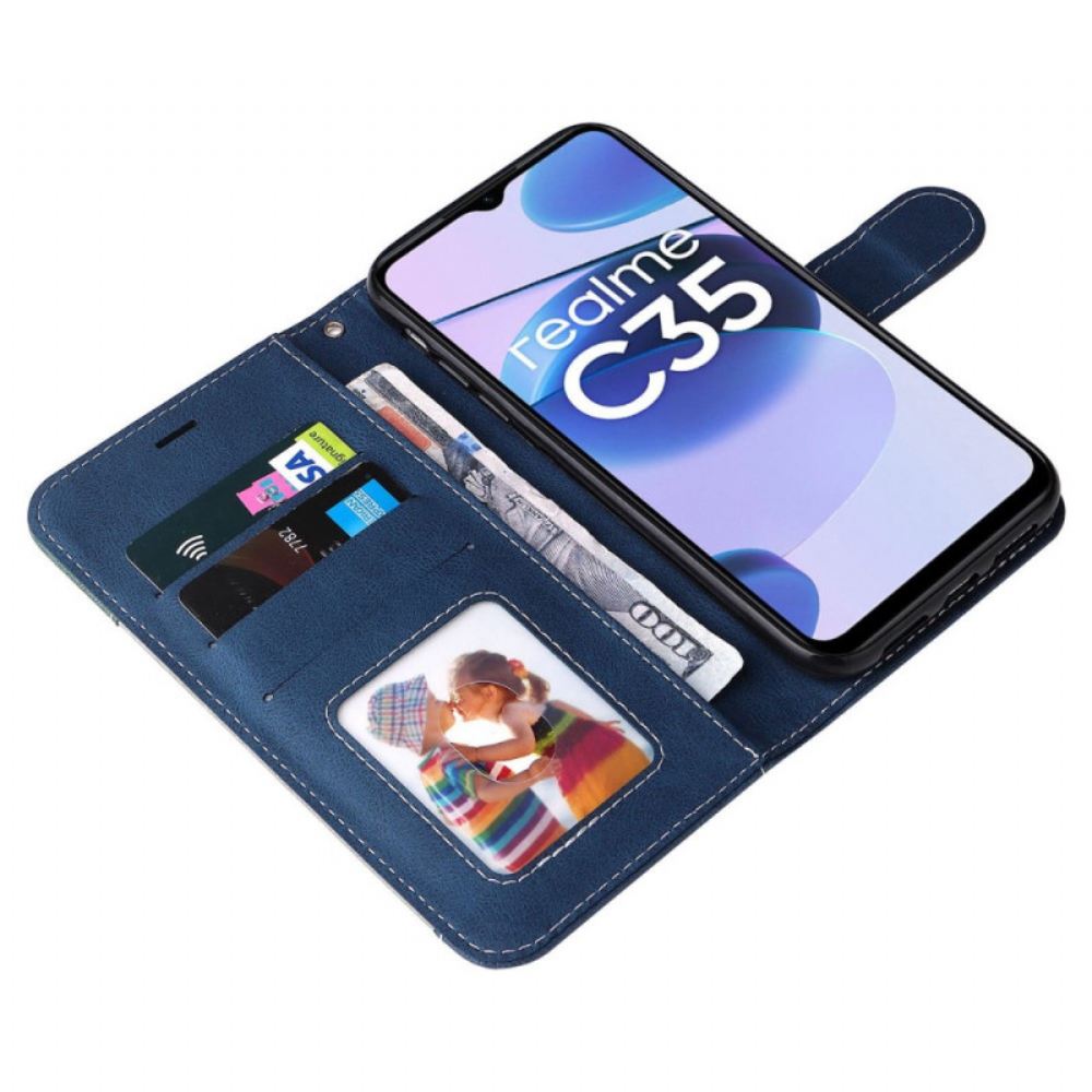 Flipové Pouzdro Na Realme C35 Na Lana Tříbarevný Kožený Řemínek