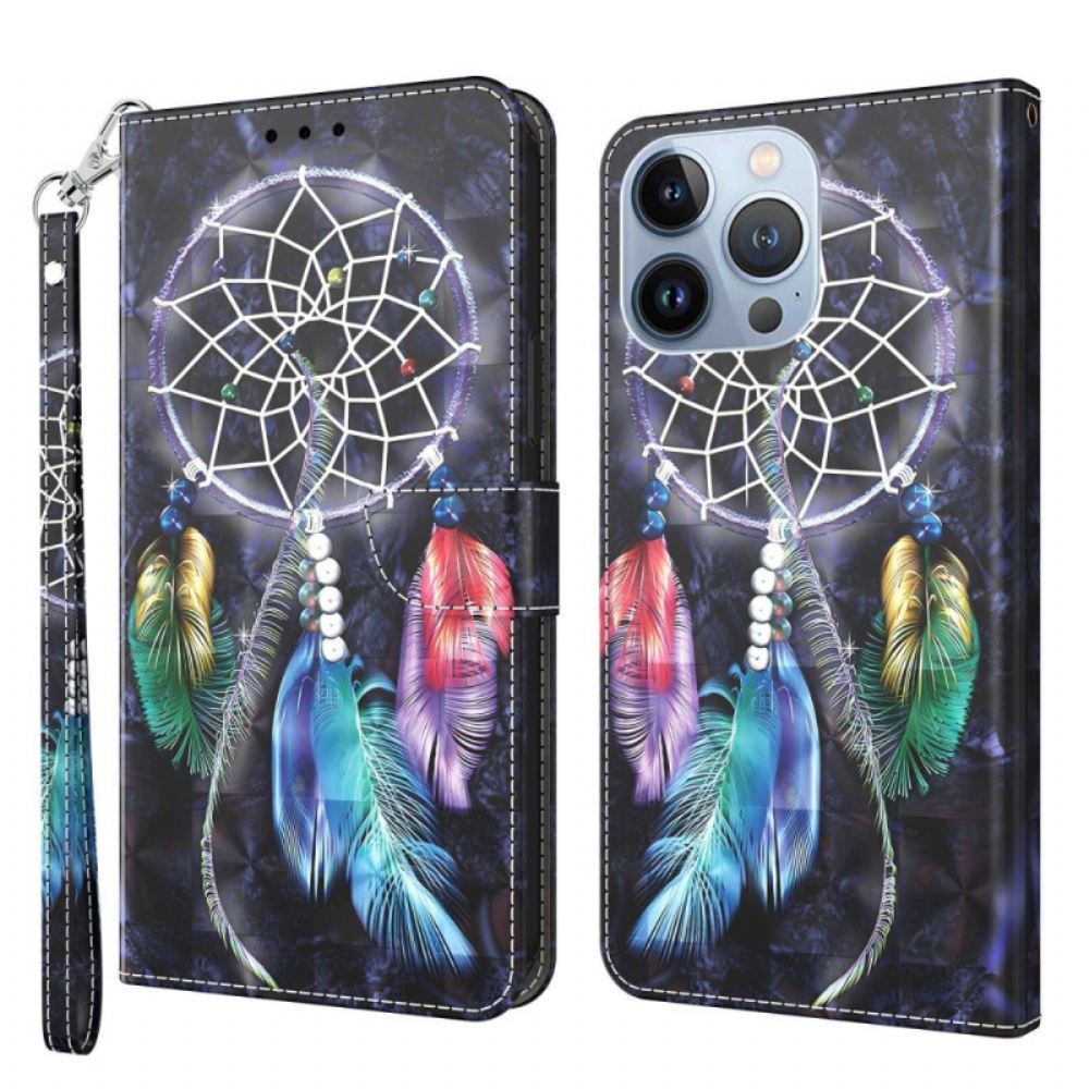 Kožené Pouzdro Na iPhone 14 Pro Na Lana Popruhový Lapač Snů