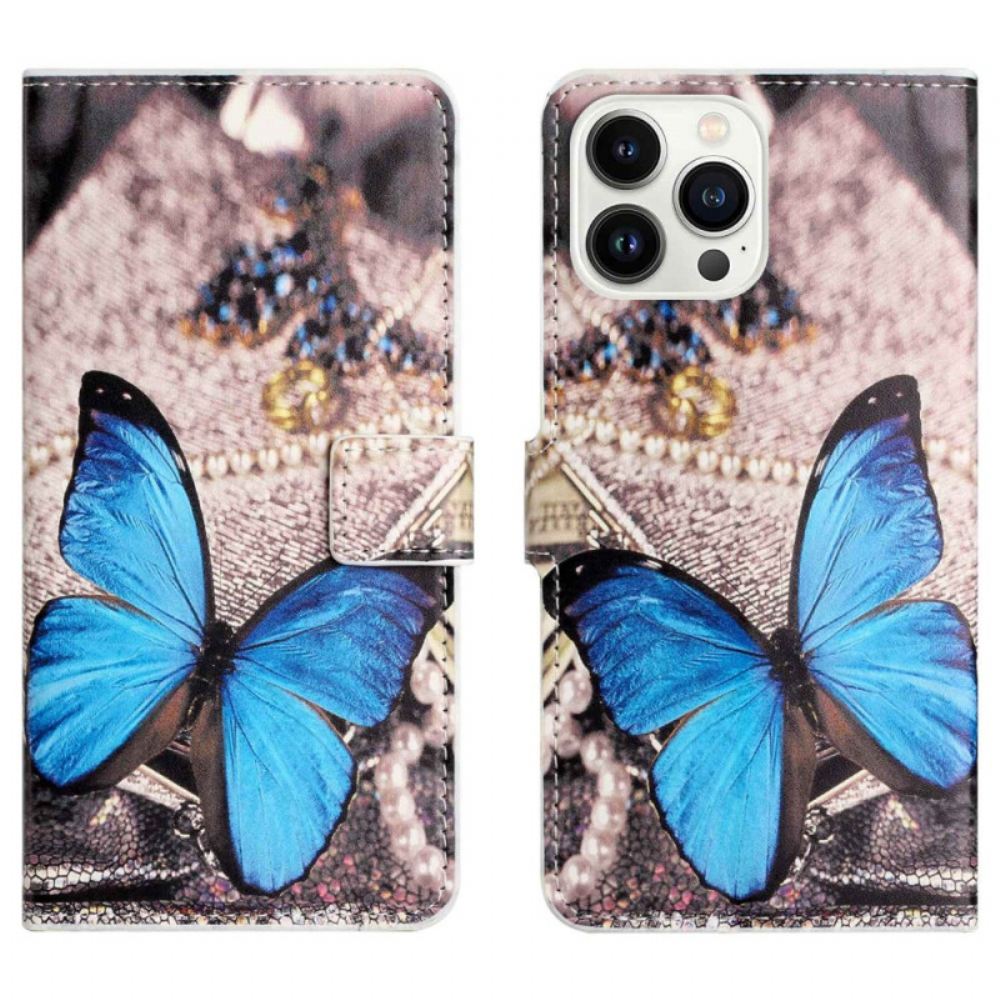 Kožené Pouzdro Na iPhone 14 Pro Modrý Motýl