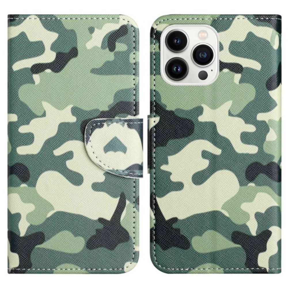 Kožené Pouzdro Na iPhone 14 Pro Vojenská Kamufláž