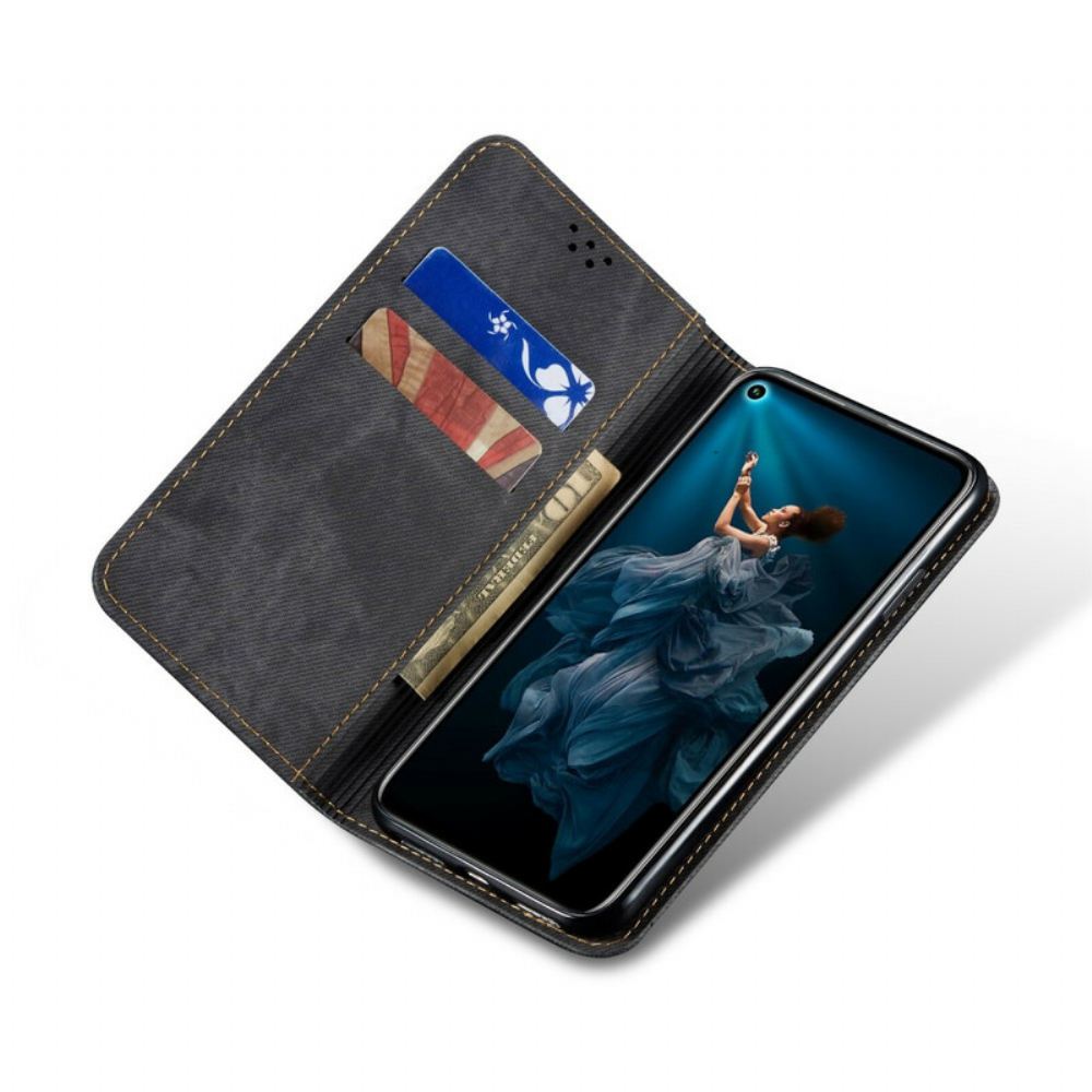 Kryty Na Mobil Na Huawei Nova 5T / Honor 20 Flipové Pouzdro Textura Džínů Z Umělé Kůže