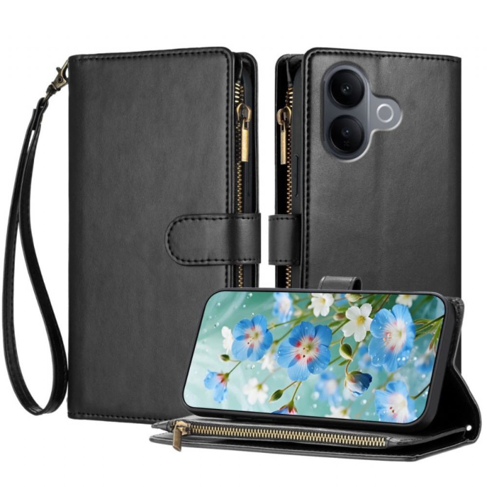 Kožený Kryt Na Vivo V60 Lite Peněženka S 8 Přihrádkami Na Karty A Šňůrkou Na Šňůrku