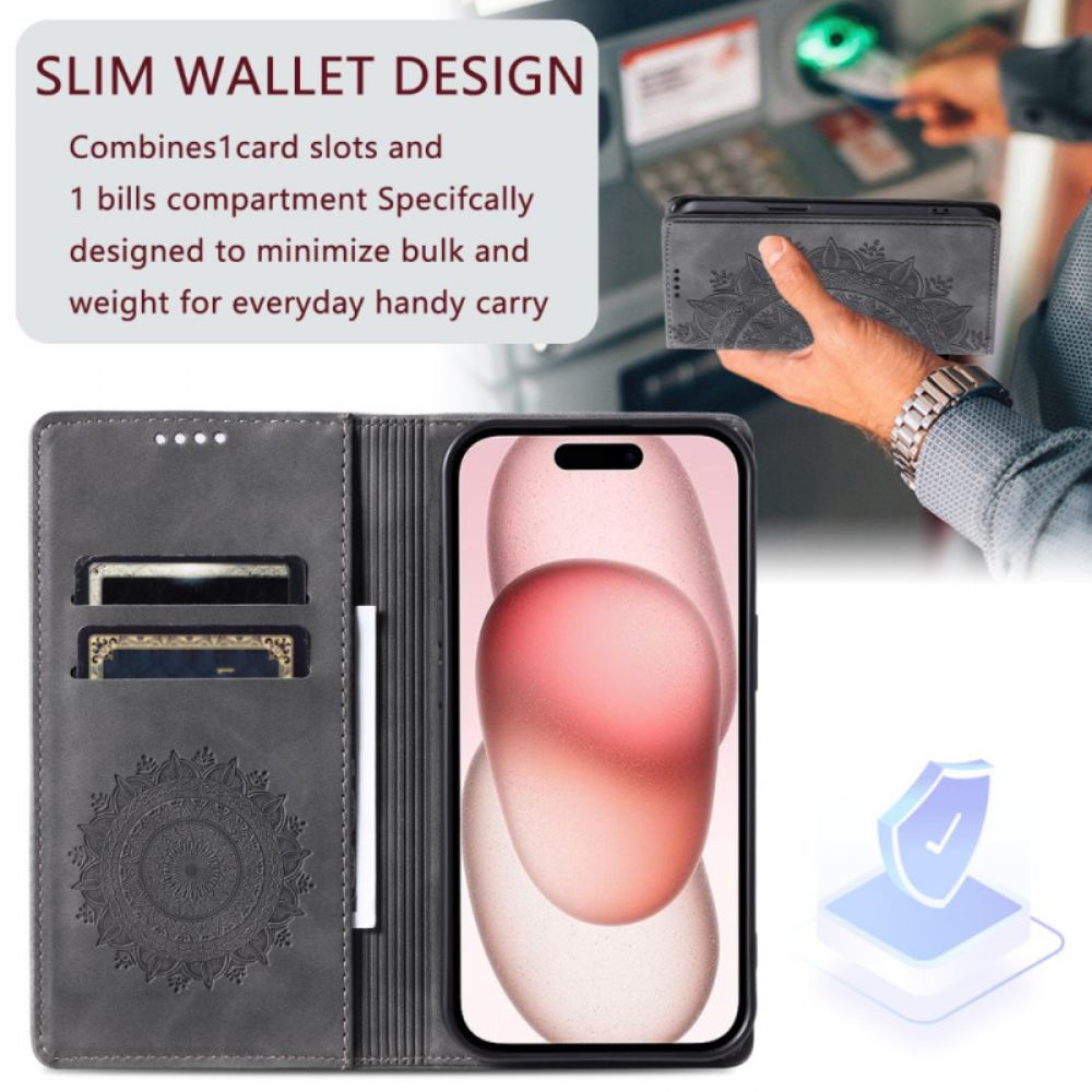 Kožené Pouzdro Folio iPhone 16 Plus Efekt Mandala Suede