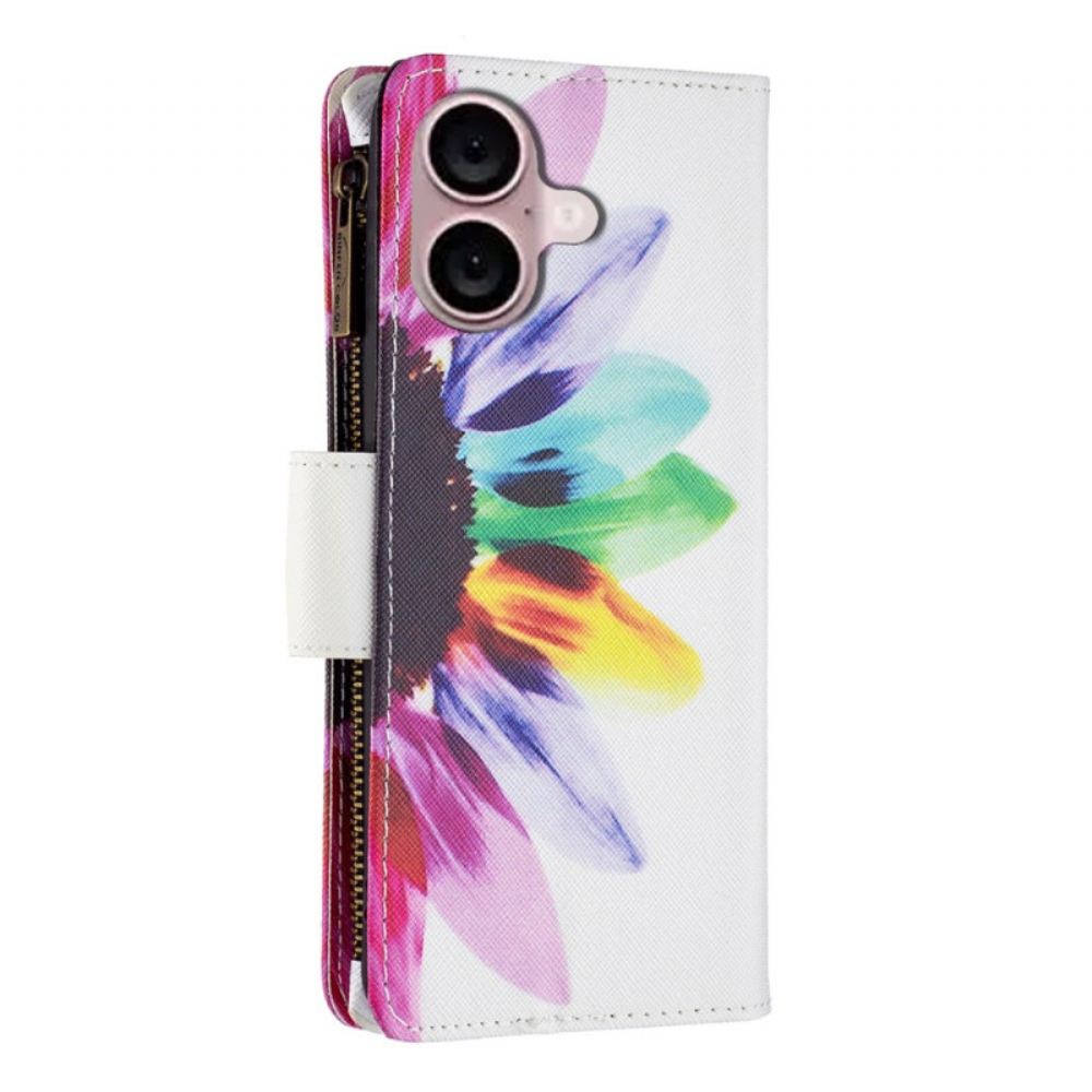 Kožený Kryt iPhone 16 Plus Akvarelová Květinová Peněženka S Popruhem
