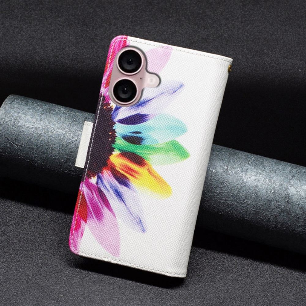 Kožený Kryt iPhone 16 Plus Akvarelová Květinová Peněženka S Popruhem