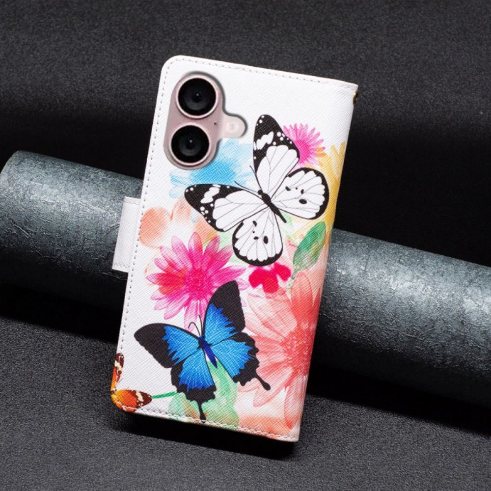 Kožený Kryt iPhone 16 Plus Dva Motýli S Popruhem