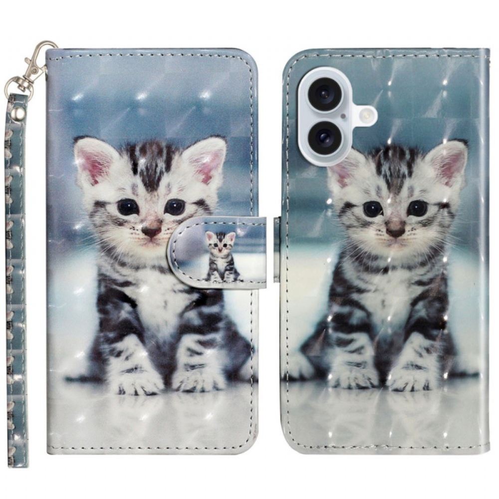 Kožený Kryt iPhone 16 Plus Kotě S Popruhem