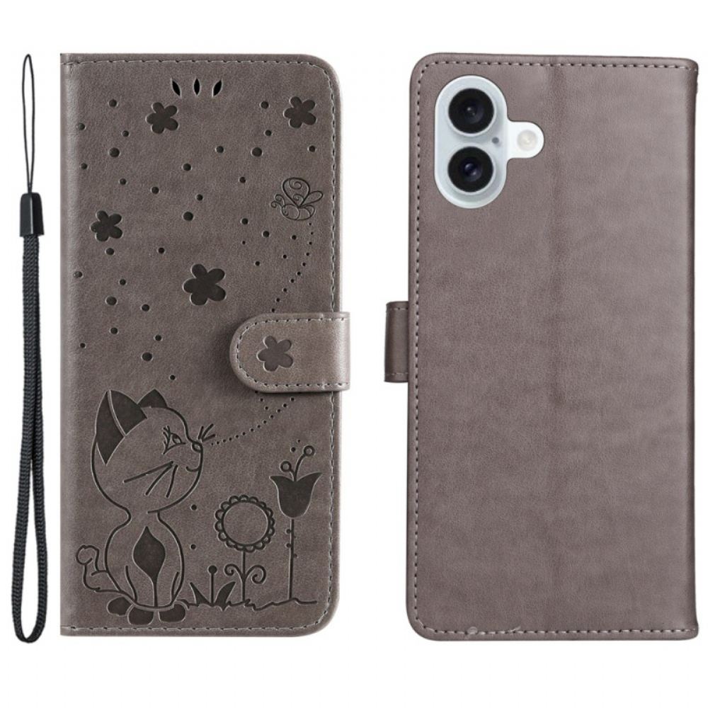 Kožený Kryt iPhone 16 Plus Kočka A Včela S Popruhem