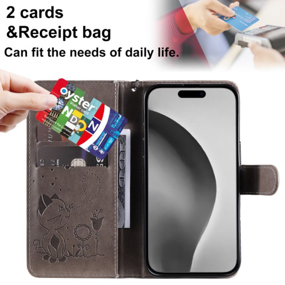 Kožený Kryt iPhone 16 Plus Kočka A Včela S Popruhem