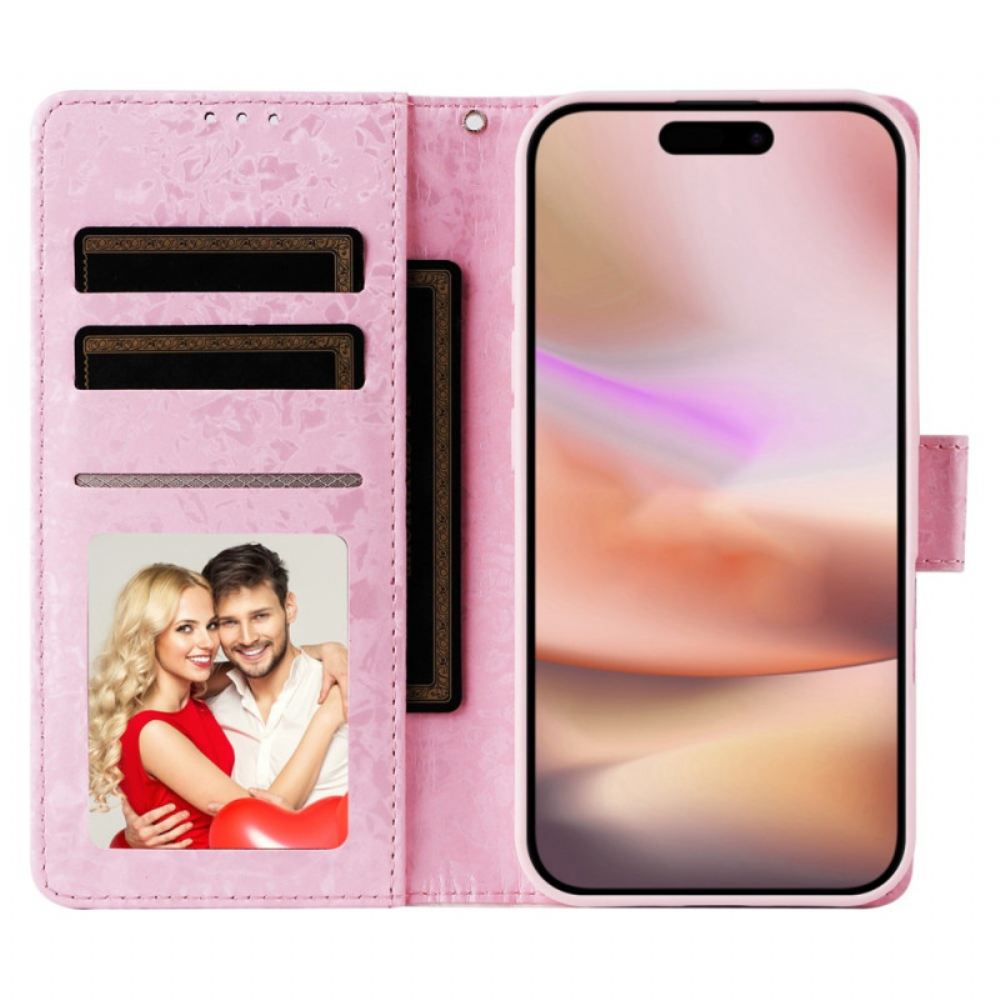 Kožený Kryt iPhone 16 Plus Květinová Blokovací Peněženka Rfid