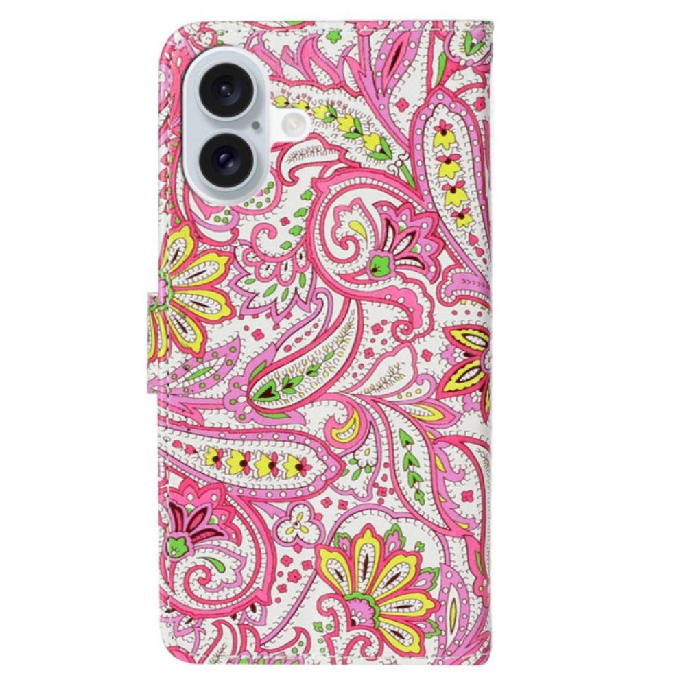 Kožený Kryt iPhone 16 Plus Květinový Vzor S Páskem