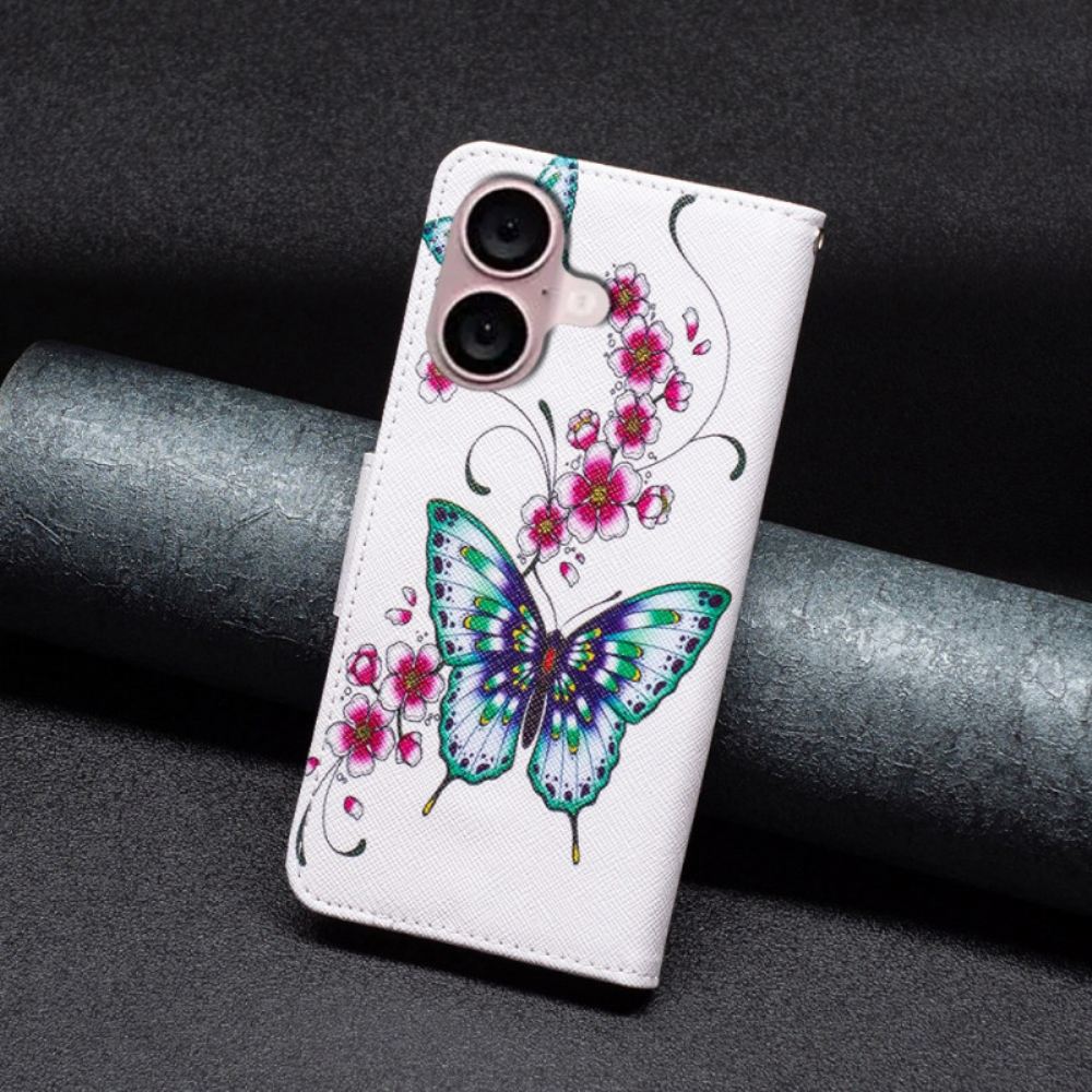 Kožený Kryt iPhone 16 Plus Květiny A Motýli