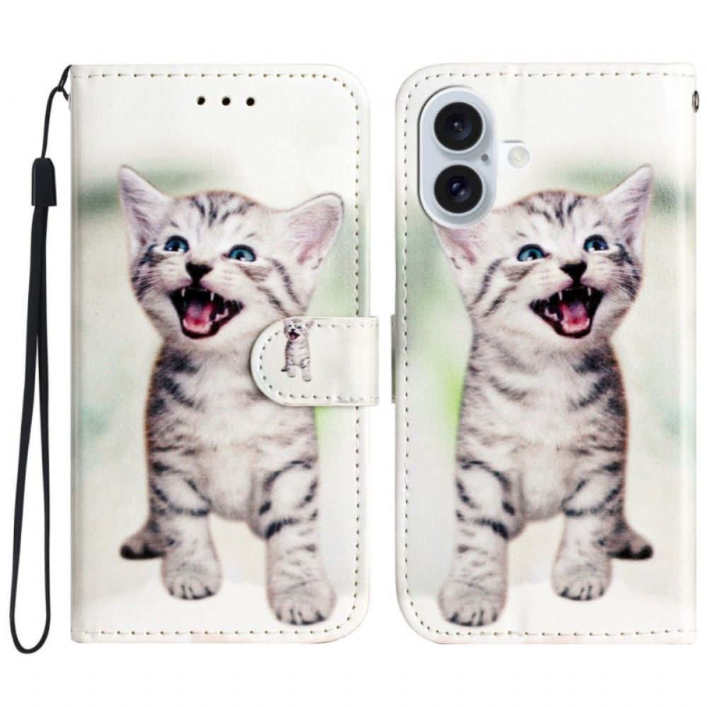Kožený Kryt iPhone 16 Plus Malá Kočka S Popruhem