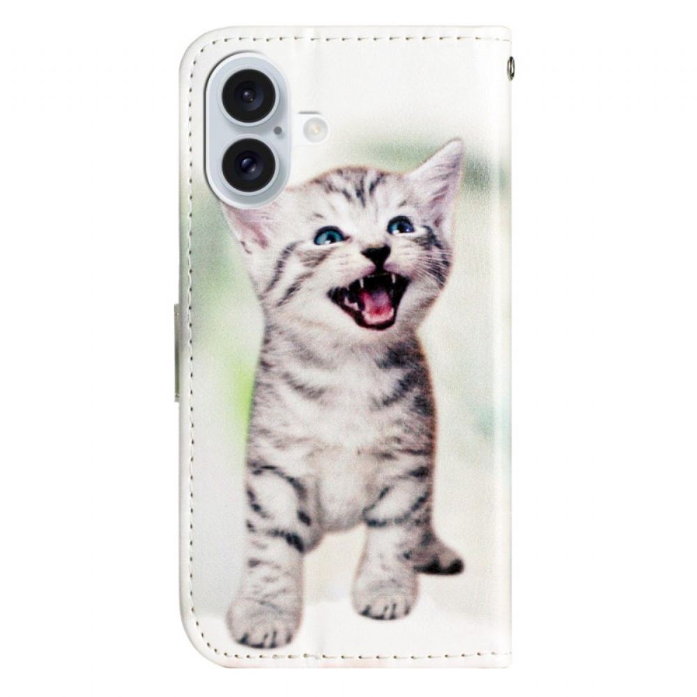 Kožený Kryt iPhone 16 Plus Malá Kočka S Popruhem