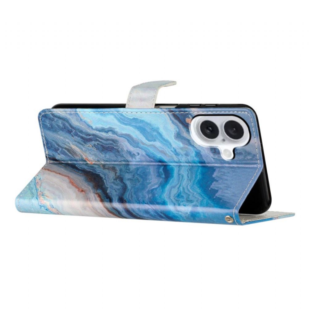 Kožený Kryt iPhone 16 Plus Modrý Mramor S Popruhem