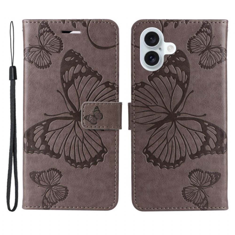 Kožený Kryt iPhone 16 Plus Obří Motýli S Popruhem