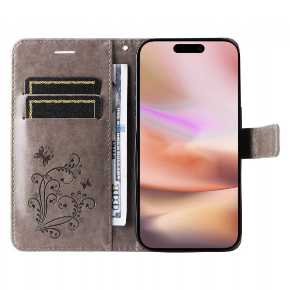 Kožený Kryt iPhone 16 Plus Obří Motýli S Popruhem