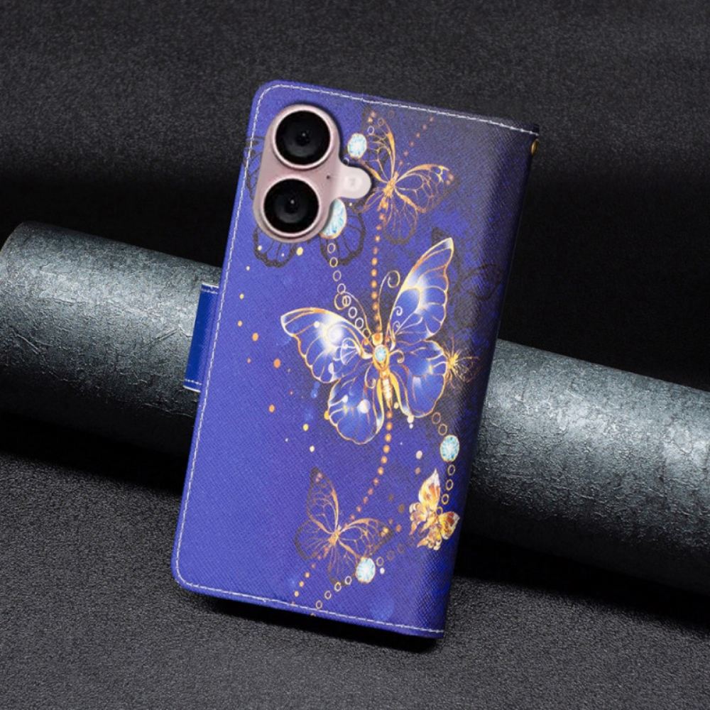 Kožený Kryt iPhone 16 Plus Peněženka Purple Butterflies S Popruhem